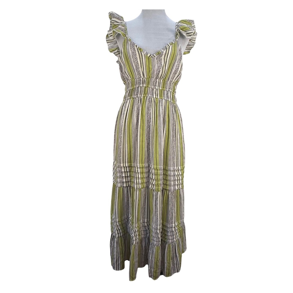 MAX+ASH Maxi Dress Green White Stripe‎ Tiered Ruffle Sleeve Smocked Waist L